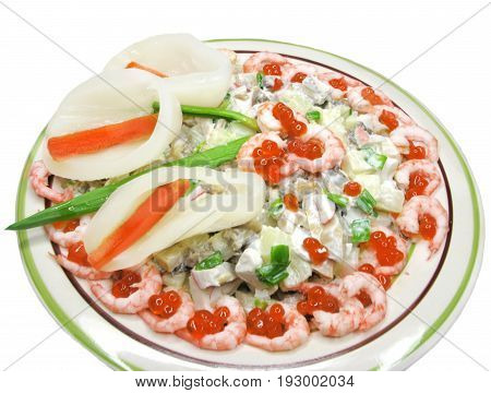 stuffed squid creativwe salad with shrimps and red caviare