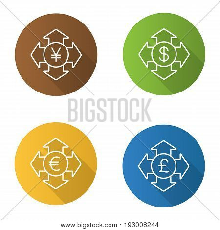 Money spending flat linear long shadow icons set. Expanses. US dollar, gbp, Japanese yen and euro with all direction arrows. Vector line illustration
