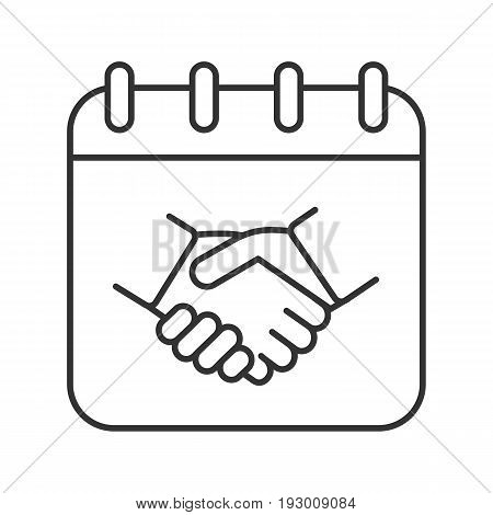 Negotiations day linear icon. Thin line illustration. Business negotiations date. Calendar page with handshake contour symbol. Vector isolated outline drawing