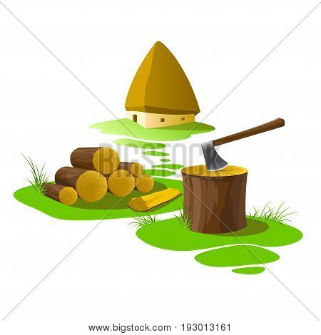 Vector illustration depicting an ax stump wood and rustic house in the distance.