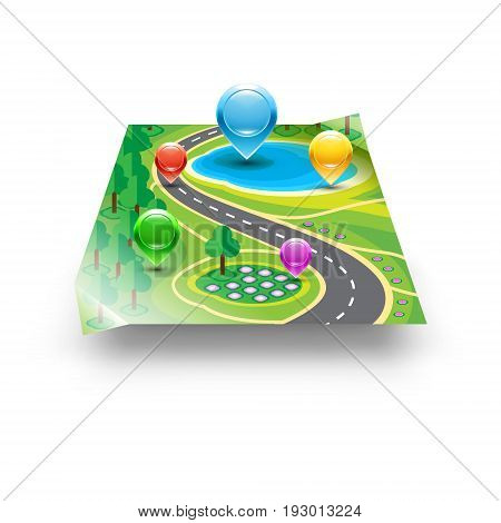 Vector illustration depicting a colorful map and mark on it.
