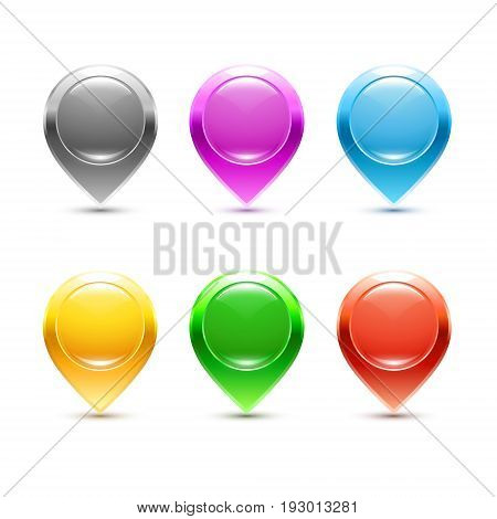 Vector multicolored labels for maps. Colours: metallic yellow blue pink green and red.