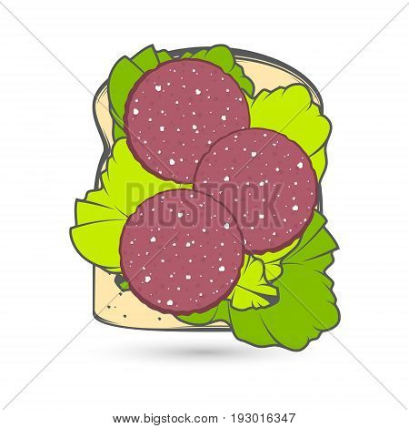 Vector stylized image of a slice of bread in a toast with salad leaves and slices of smoked sausage.