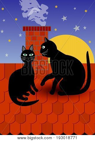 Black cat with tomcat by chimney on red roof dark evening sky with stars on background. Vector illustration for fancier and supporter of cats. Gorgeous cover for book about cats or animals.