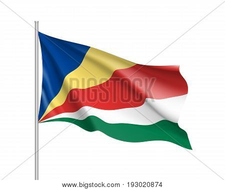 Waving flag of Sychelles. Symbol african state in proportion correctly and official colors. atriotic sign Eastern Africa country. Vector icon illustration
