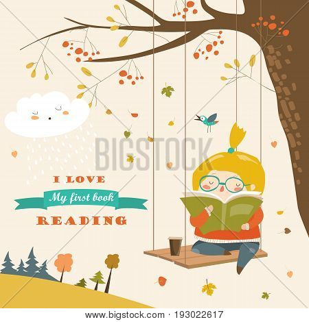 Cute girl swinging and reading a book in autumn park. Vector illustration