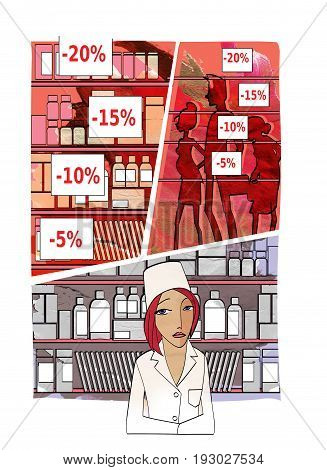 A sad young woman in the uniform of the pharmacist behind the counter against the backdrop of unchecked medicines price tags with discounts and crowds of people. On the background of the texture of watercolor paper