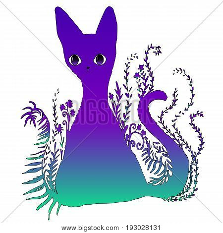 Funny fairy tale psychedelic silhouette of a cat sitting in the grass isolated on white background. Design is a bright colorful surreal surreal cat. Vector illustration of a beautiful neon art cat.