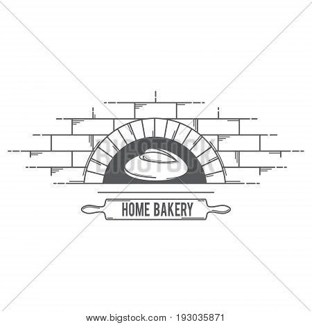Vector logo for bread products with the image of a rolling pin to roll out the dough the oven which the bread is baked and case labels.