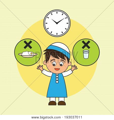 Muslim fasting in month of ramadan no food no drink from dawn to dusk, Islamic concept for daily activity and Ramadan holy month, vector illustration