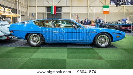 MAASTRICHT NETHERLANDS - JANUARY 15 2016: Grand tourer coupe Lamborghini Espada Series II 1972. International Exhibition InterClassics & Topmobiel 2016