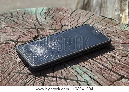 A phone with a broken screen lies on a stump
