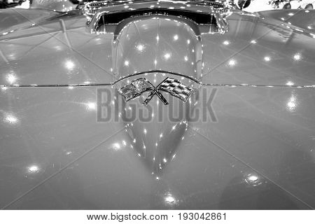 MAASTRICHT NETHERLANDS - JANUARY 15 2016: Detail and emblem of the sports car Chevrolet Corvette C2 