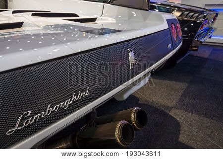 MAASTRICHT NETHERLANDS - JANUARY 15 2016: Fragment of a high-performance mid-engined sports car Lamborghini Diablo VT 6.0 2000. International Exhibition InterClassics & Topmobiel 2016