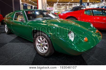 MAASTRICHT NETHERLANDS - JANUARY 15 2016: Sports car Lotus Europa S2 1969. International Exhibition InterClassics & Topmobiel 2016