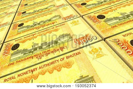 Bhutanese ngultrum bills stacks background. 3D illustration.