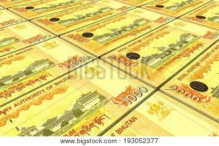 Bhutanese ngultrum bills stacks background. 3D illustration.