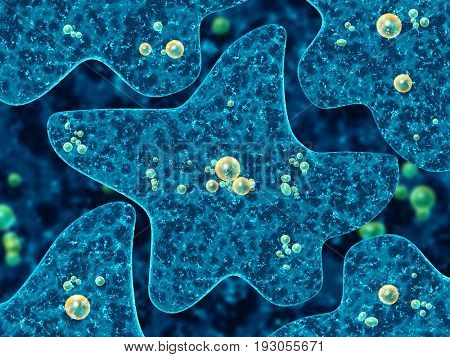 Amoebas on abstract blue background. 3d render