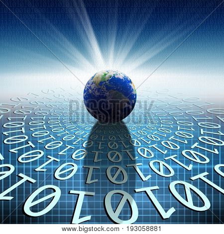 conceptual background image of binary code and world map. NASA furnished world map image layered and used