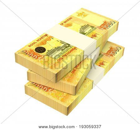 Bhutanese ngultrum bills isolated on white background. 3D illustration.