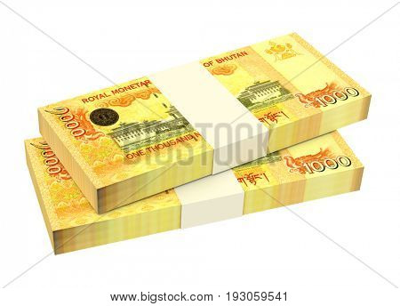 Bhutanese ngultrum bills isolated on white background. 3D illustration.