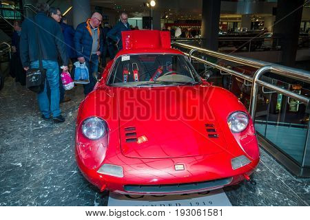 MAASTRICHT NETHERLANDS - JANUARY 15 2016: Sports car Ferrari Dino 246 GT 1974. International Exhibition InterClassics & Topmobiel 2016