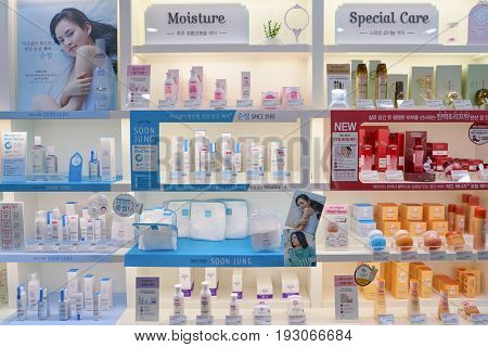 SEOUL, SOUTH KOREA - CIRCA MAY, 2017: goods on display at Etude House store in Seoul. 