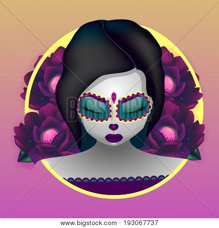 Beautiful vector illustration. Girl with closed eyes. Katrina. The day of the Dead