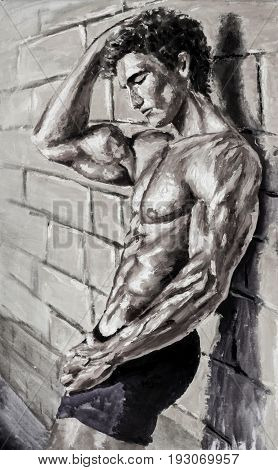 Naked athletic guy at wall Original oil painting on canvas. Beautiful hand made sexy body artwork. Fassion illustration. Modern impressionism art.
