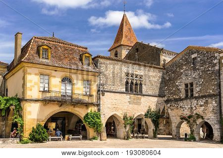 The hill top village of Monpazier in the Dordogne south west France