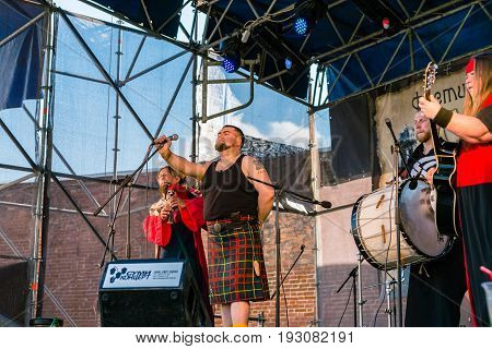 TROSTYANETS, UKRAINE - JUNE 25, 2017: Old Castle fest in action. Knights fight just beginning. This is 8 time traditional fest with historical costumes, foods and fights.