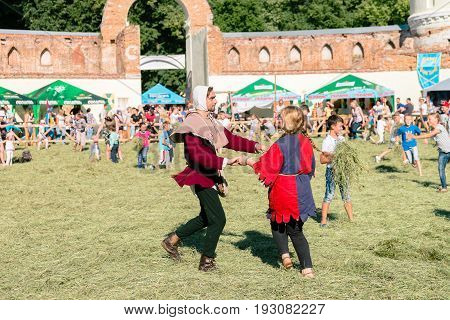 TROSTYANETS, UKRAINE - JUNE 25, 2017: Old Castle fest in action. Knights fight just beginning. This is 8 time traditional fest with historical costumes, foods and fights.