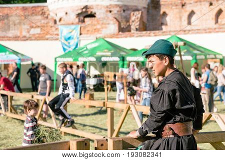 TROSTYANETS, UKRAINE - JUNE 25, 2017: Old Castle fest in action. Knights fight just beginning. This is 8 time traditional fest with historical costumes, foods and fights.