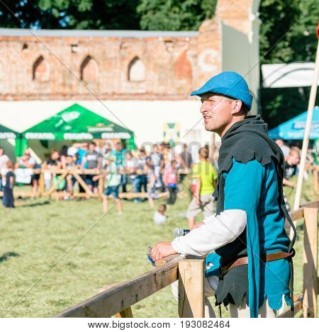 TROSTYANETS, UKRAINE - JUNE 25, 2017: Old Castle fest in action. Knights fight just beginning. This is 8 time traditional fest with historical costumes, foods and fights.