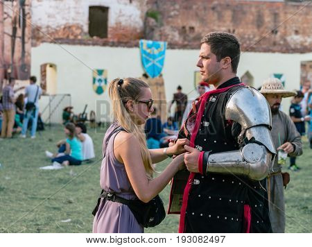 TROSTYANETS, UKRAINE - JUNE 25, 2017: Old Castle fest in action. Knights fight just beginning. This is 8 time traditional fest with historical costumes, foods and fights.