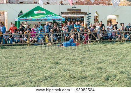 TROSTYANETS, UKRAINE - JUNE 25, 2017: Old Castle fest in action. Knights fight just beginning. This is 8 time traditional fest with historical costumes, foods and fights.