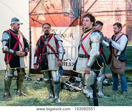 TROSTYANETS, UKRAINE - JUNE 25, 2017: Old Castle fest in action. Knights fight just beginning. This is 8 time traditional fest with historical costumes, foods and fights.