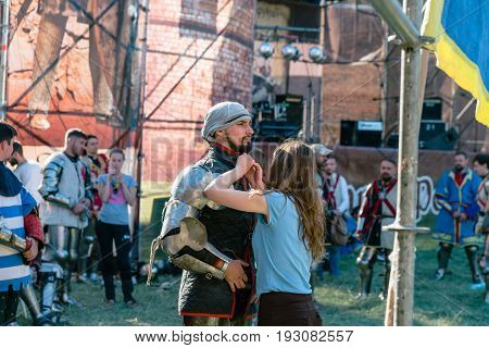 TROSTYANETS, UKRAINE - JUNE 25, 2017: Old Castle fest in action. Knights fight just beginning. This is 8 time traditional fest with historical costumes, foods and fights.