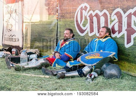 TROSTYANETS, UKRAINE - JUNE 25, 2017: Old Castle fest in action. Knights fight just beginning. This is 8 time traditional fest with historical costumes, foods and fights.