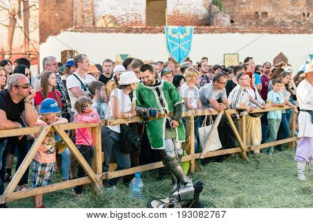 TROSTYANETS, UKRAINE - JUNE 25, 2017: Old Castle fest in action. Knights fight just beginning. This is 8 time traditional fest with historical costumes, foods and fights.