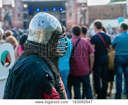 TROSTYANETS, UKRAINE - JUNE 25, 2017: Old Castle fest in action. Knights fight just beginning. This is 8 time traditional fest with historical costumes, foods and fights.