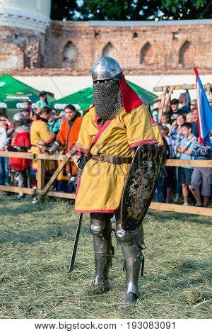 TROSTYANETS, UKRAINE - JUNE 25, 2017: Old Castle fest in action. Knights fight just beginning. This is 8 time traditional fest with historical costumes, foods and fights.
