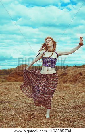 Hippie Blone Girl Cheerful, Peaceful And Free. Summer Time