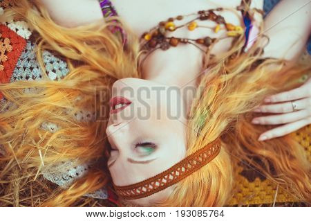 Hippie Blone Girl Cheerful, Peaceful And Free. Summer Time