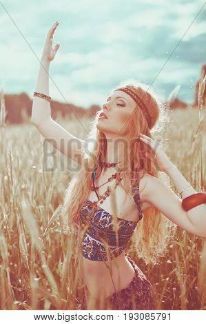 Hippie Blone Girl Cheerful, Peaceful And Free. Summer Time