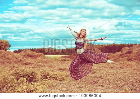 Hippie Blone Girl Cheerful, Peaceful And Free. Summer Time