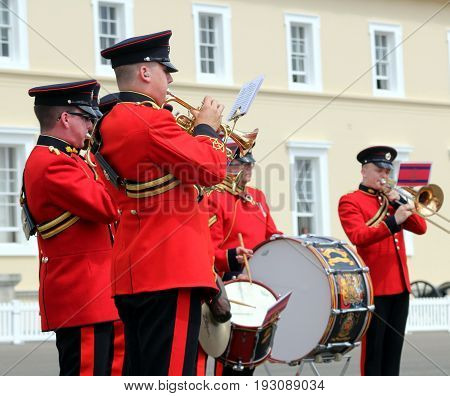 Sandhurst, Uk - June 18 2017: Brass And Drum Players Of The Military Band Of The Corps Of Royal Engi
