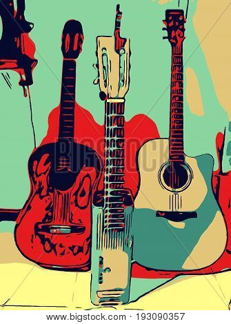 Electric guitars, stringed instruments, game of flat vectors. Collection of guitars, equipment illustration, musical guitar