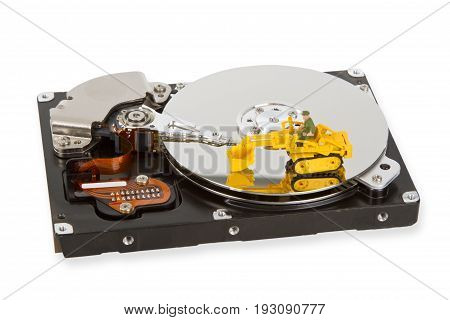 HDD with toy crawler mounted - data security concept.