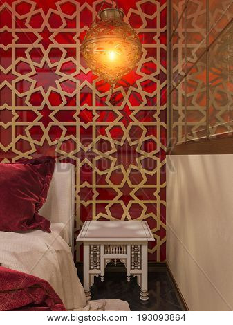 3d illustration bedroom interior design of a hotel room in a traditional Islamic style. Beautiful deluxe room Ramdan Kareem background interior view decorated with Islamic motifs.
